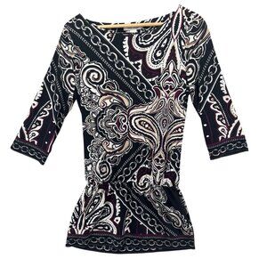 WHBM Paisley Tunic Top Womens Black Purple 3/4 Sleeve Stretch Pullover Size S